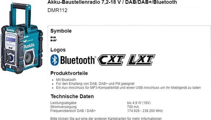 Actual product image Makita DMR 112 (VHF, DAB+, Bluetooth)