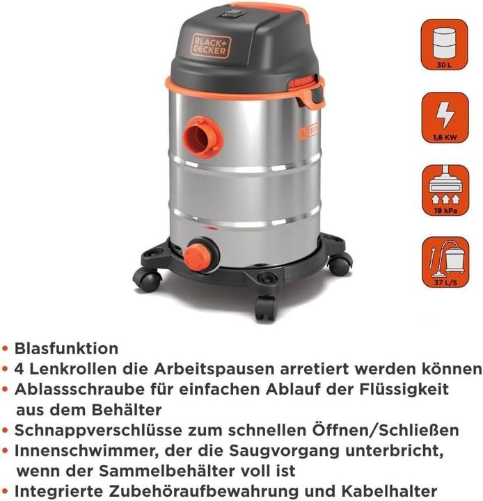 Immagine prodotto Black & Decker Aspirapolvere per liquidi e solidi con serbatoio da 30 litri e tubo flessibile (Aspirapolvere a umido e a secco)
