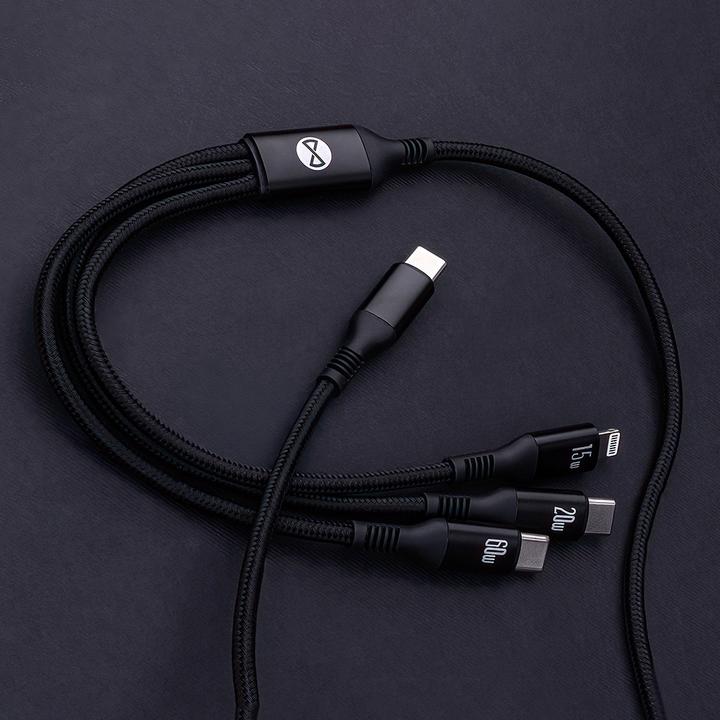 Actual product image Forever 3in1 cable USB-C - Lightning + 2x USB-C 1,2 m 60W black (1.20 m, USB 3.2 Gen 1, 60 W)