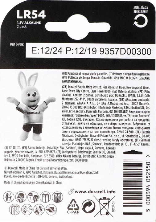 Actual product image Duracell Knopfzelle LR54, AG10, LR54, LR1130, 189, RW89, 2er Blister (2 pcs., AG10, 50 mAh)