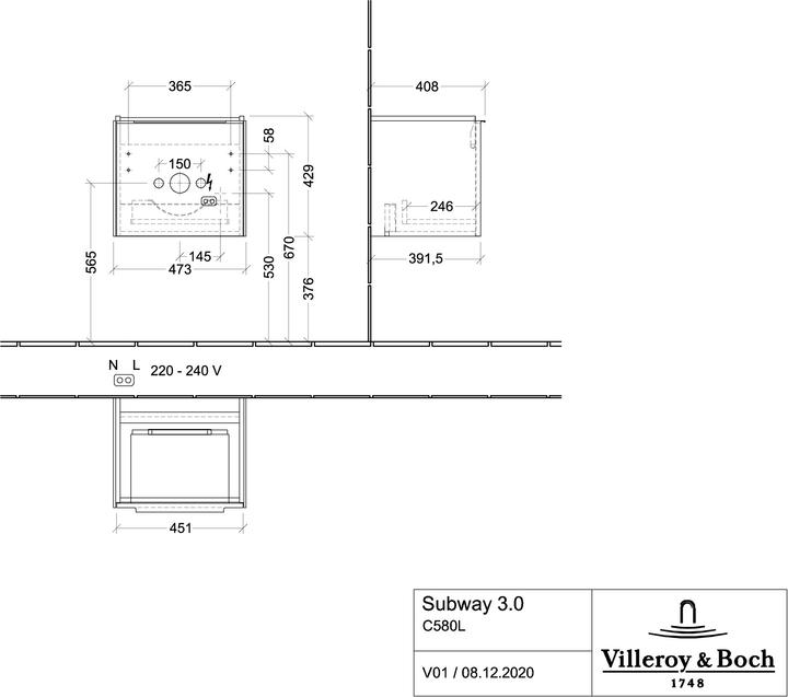 Produktbild Villeroy & Boch Subway 3.0, Waschbeckenunterschrank, 473x429x408 mm, 1 Auszug, C580L
