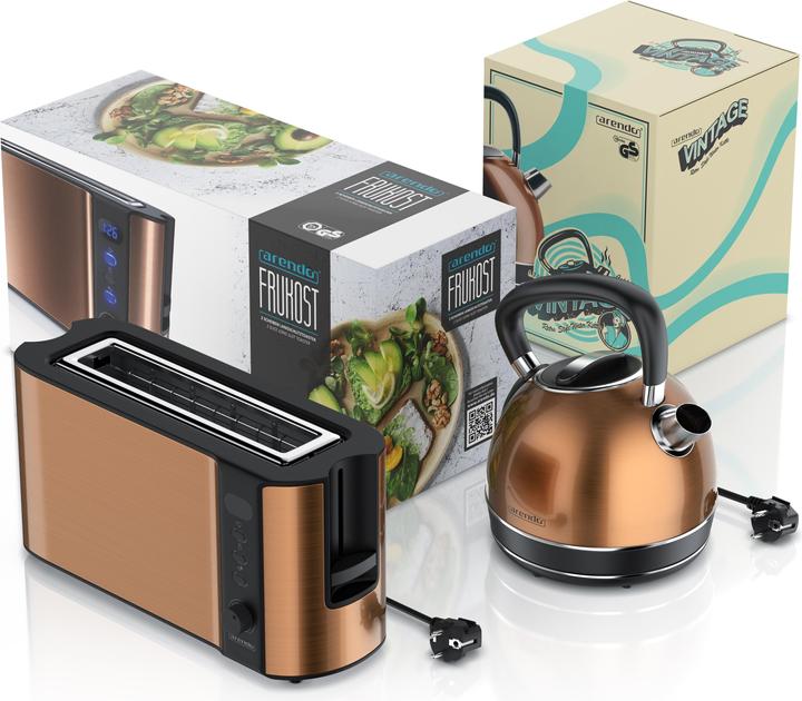 Produktbild Arendo Frühstücks Set, Edelstahl Wasserkocher 1,7l 2200 Watt, 2-Scheiben Langschlitz Toaster, Kupfer (1.70 l)