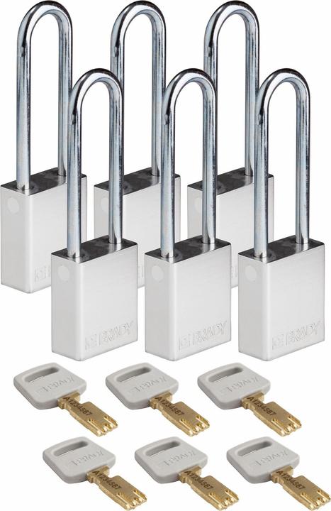 Produktbild Brady Safekey Aluminium-Vorhängeschloss mit Stahlbügel, Silber, 76 mm Bügelhöhe, 6.4 mm Bügeldurch