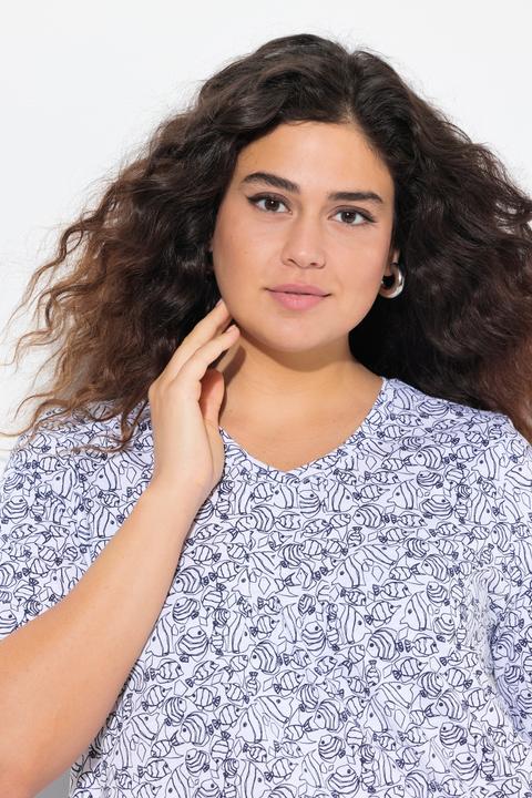 Actual product image Ulla Popken Geometric Fish Print Short Sleeve V-Neck Tee (54)