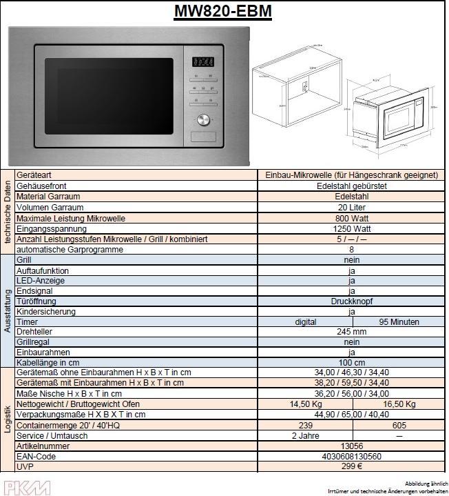 Produktbild PKM Einbau Mikrowelle MW820-EBM BxHxT 59,5 x 38,2 x 34,4 cm (20 l)