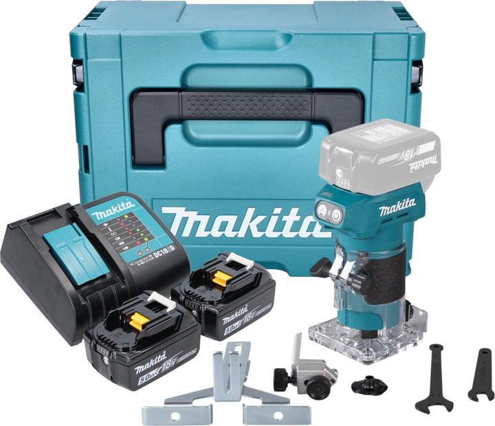 Actual product image Makita DRT 52 STJ cordless edge router 18 V 6 mm brushless + 2x battery 5.0 Ah + charger + Makpac