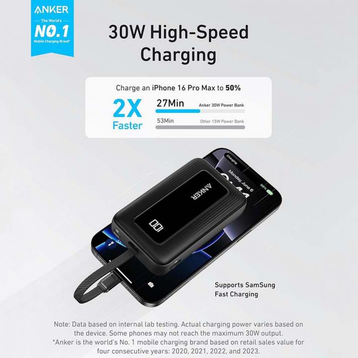 Image du produit Anker Power Bank with Built-In USB-C Cable | A1688H11 | 10000 mAh | Noir (10000 mAh, 15 W, 37 Wh)