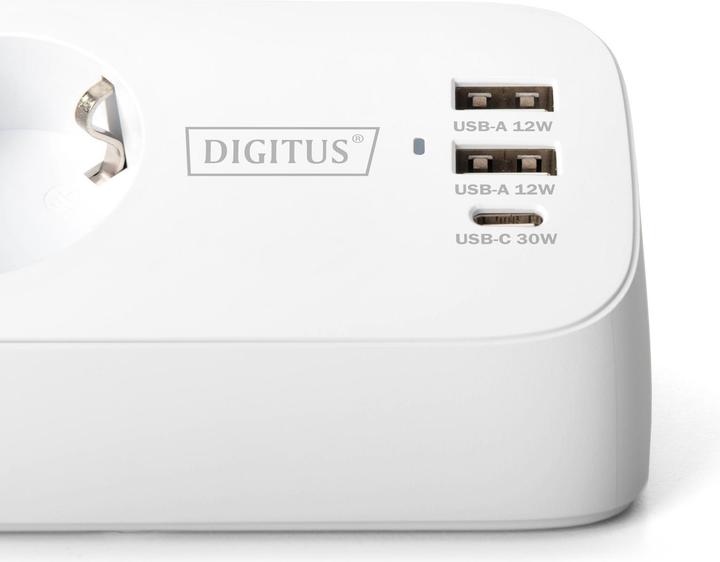 Productafbeelding Digitus 3-fach Office-Steckdosenleiste mit 2x USB-A und 1x USB-C Anschlüssen, Weiss (3x, CEE 7/3, USB-A, USB-C, 1.50 m)