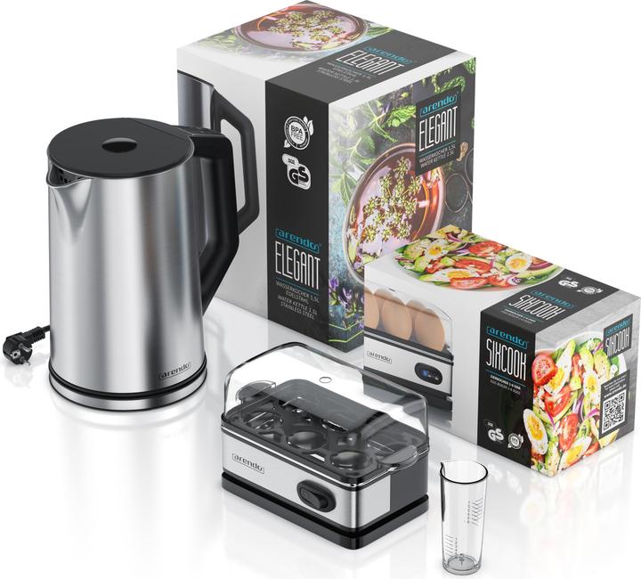 Produktbild Arendo Frühstücks Set, Edelstahl Wasserkocher 1,5l mit Temperatureinstellung & Eierkocher 1-6 Eier, Silber