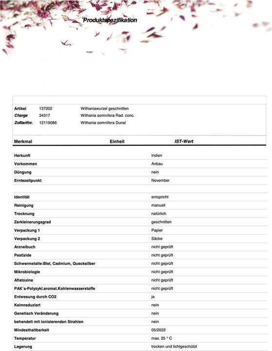 Nährwerte und Zutaten Zimmerli Adaptogene Ashwagandha Tee (BIO) (100 g)