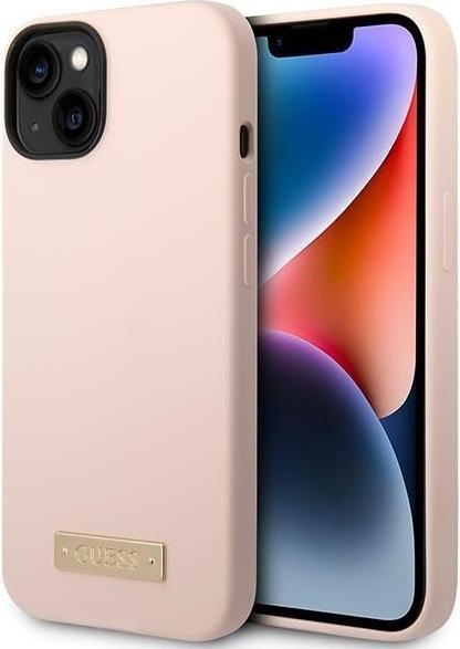 Actual product image Guess GUHMP14MSBPLP iPhone 14 Plus 6.7" różowy/pink hard case Silicone Logo Plate MagSafe (Apple iPhone 14 Plus)