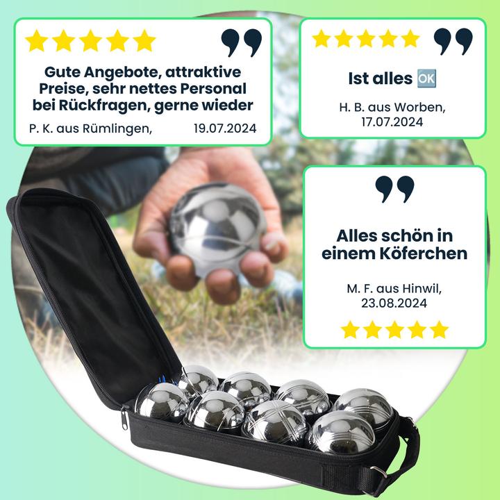 Produktbild Casativo Boule- & PÃ©tanque-Spiel mit 8 Metallkugeln, Holzkugel, Abstandsmesser, Tragetasche (8x, 72 mm)