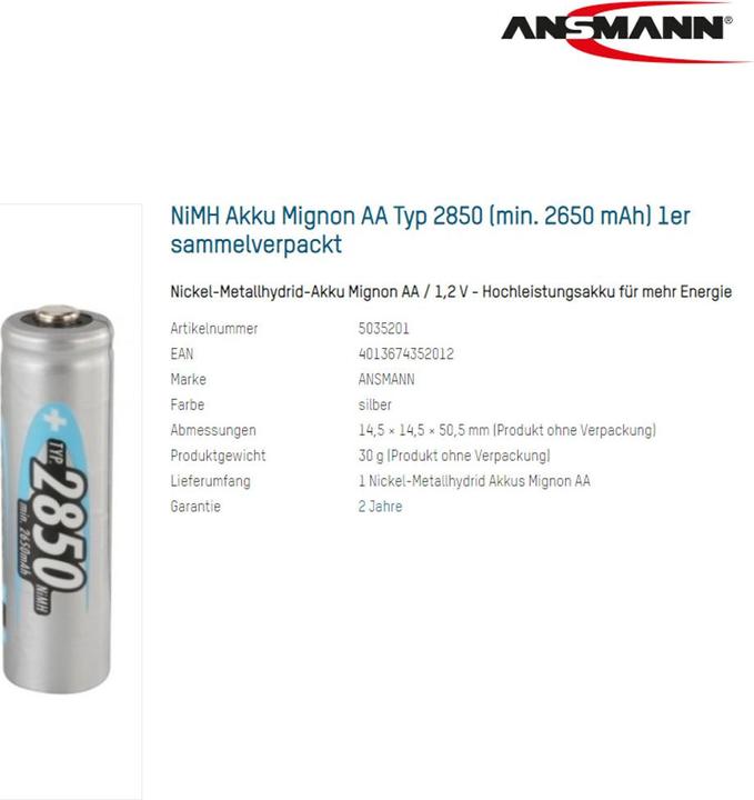 Produktbild Ansmann Akku 1,2 Volt Akku mit 2850mAh mit Lötfahnen in U-Form oder in Z-Form auswählbar (1 Stk., AA, 2850 mAh)