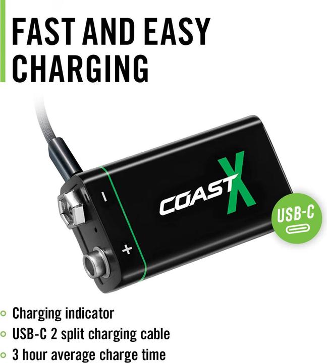 Image du produit Coast Batterie rechargeable 9V USB-C 560mAh (2 pièces) (2 pcs, 9V Block, 560 mAh)