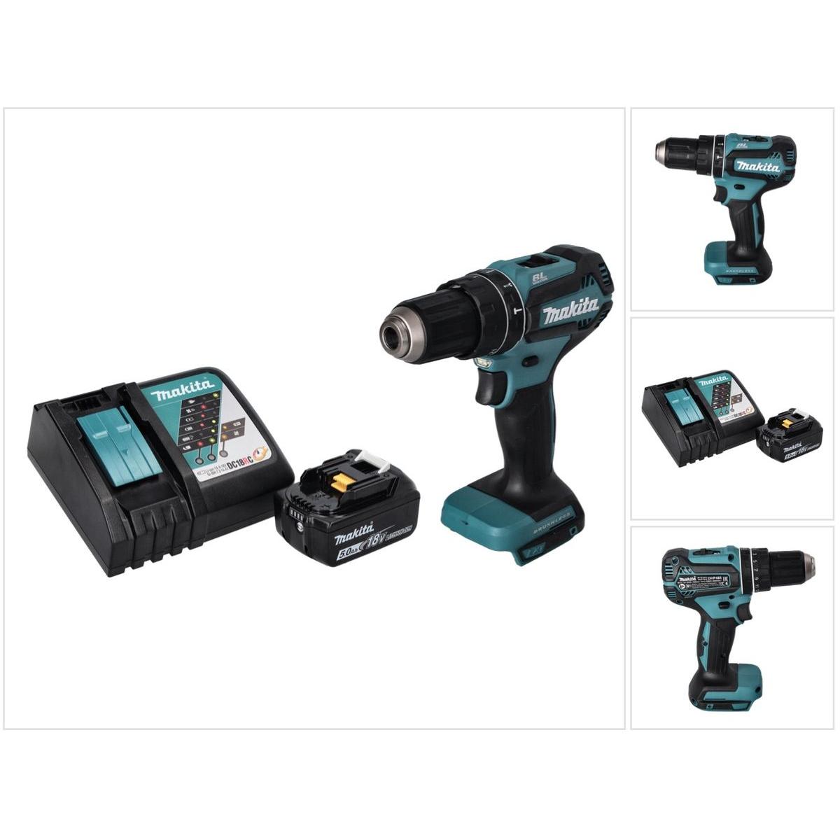 Makita, Bohrmaschine + Akkuschrauber, DHP 485 RT1 Akku Schlagbohrschrauber 18 V 50 Nm Brushless + 1x Akku 5,0 Ah + Ladeg...
