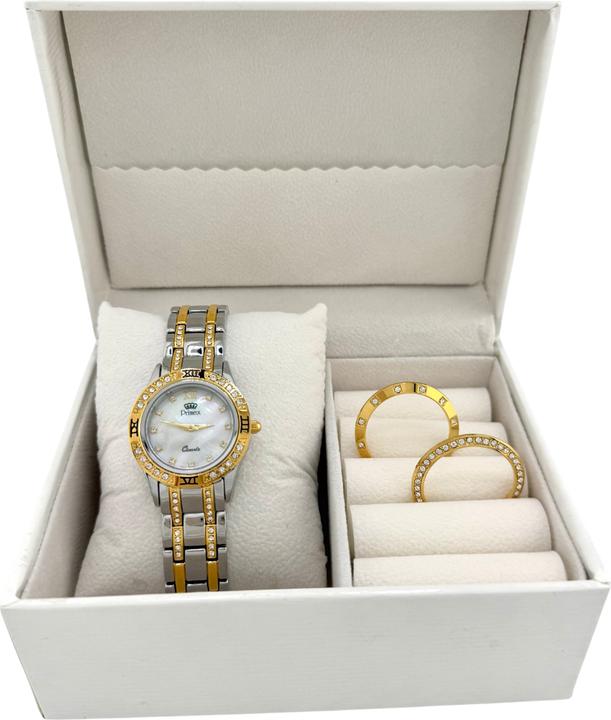 Immagine prodotto Primex Damenuhr, Swiss Made – Zweifarbiges Metallarmband – Perlmuttzifferblatt – 3 austauschbare Lünetten (Fatto in Svizzera, Orologio da polso analogico, 30 mm)