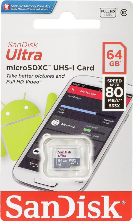 Produktbild SANDISK Ultra microSDXC 64GB 80MB/s Cl. 10 (64 GB, microSDXC, U3, UHS-I)