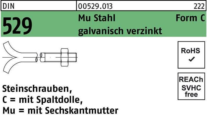Produktbild SanDisk DIN 529 Form C Steinschraube M20x500 Stahl 3.6 galvanisch verzinkt m. Spaltdolle u. Mutter