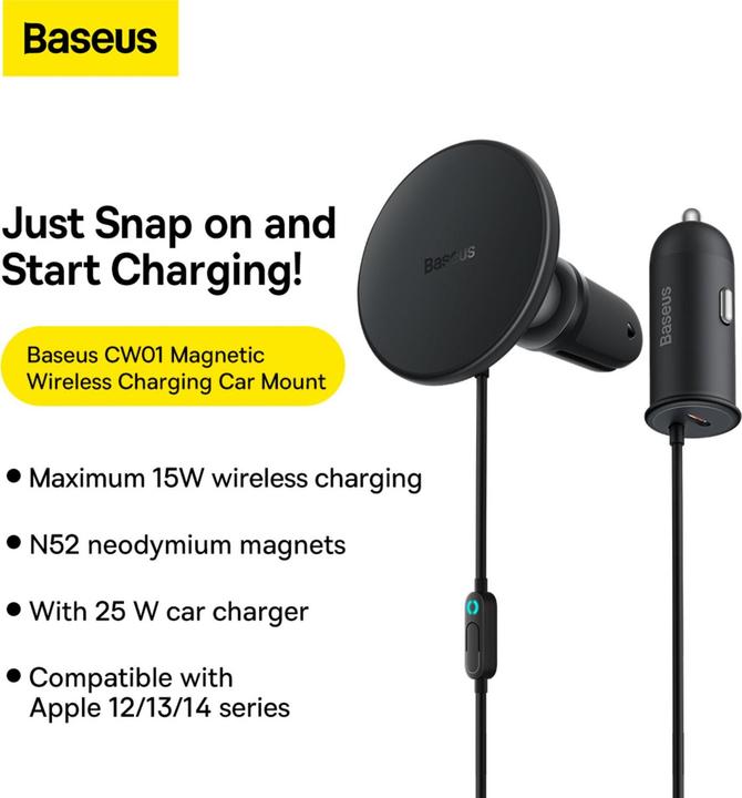 Productafbeelding Baseus Magnetische autotelefoonhouder CW01 aan ventilatierooster met autolader USB-C, 15W + 25W (zwart)