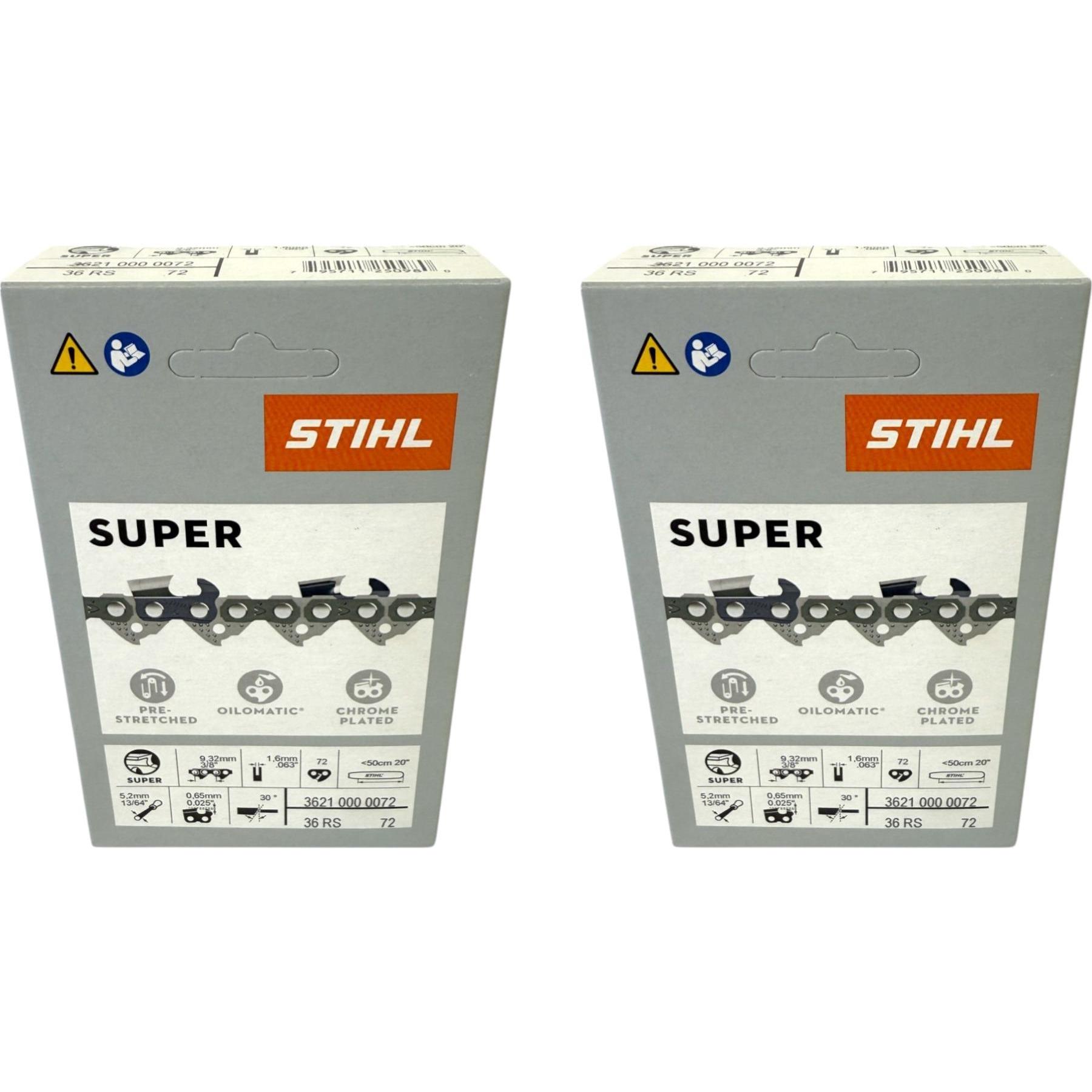 Stihl, Accessori per macchinari da giardino, 2x 3/8" Rapid Super 3 (RS3) catena per sega 50 cm 3/8" 1,6 mm 72 TG 2 pezzi ( 2x 36260000072 (Motosega, S