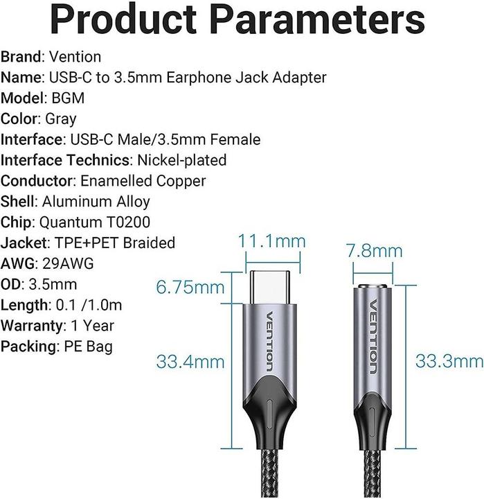 Image du produit Vention USB C — jack 3,5 mm (0.10 m, Câble AUX)