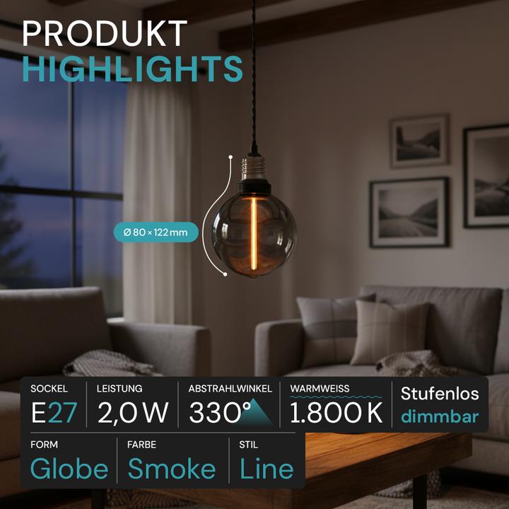 Produktbild Luxula LED-Filament-Lampe, Line Smoke Globe, E27, 2W, 40lm, 1800K (E27, 40 lm, 1x)