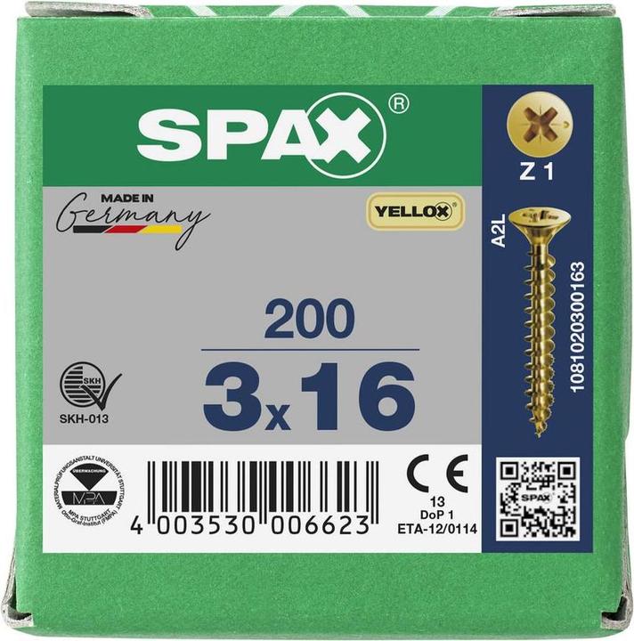 Produktbild Spax Senkkopf Bremsrippen Kreuzschlitz Z1 Vollgewinde Yellox (200 Schrauben pro Stück)