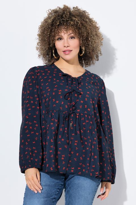 Image du produit Ulla Popken Blouse coupe évasée, imprimé petits noeuds, décolleté en V et manches longues (46, 48)