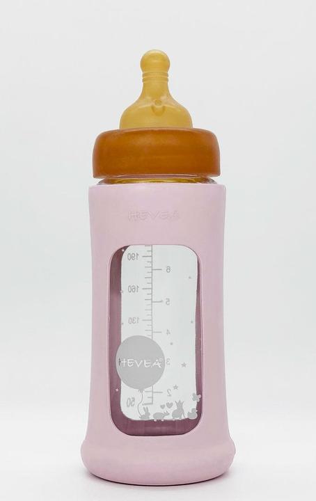 Actual product image Hevea Glass baby bottle with rubber coating / wide neck (250 ml) / Powder Pink (250 ml)