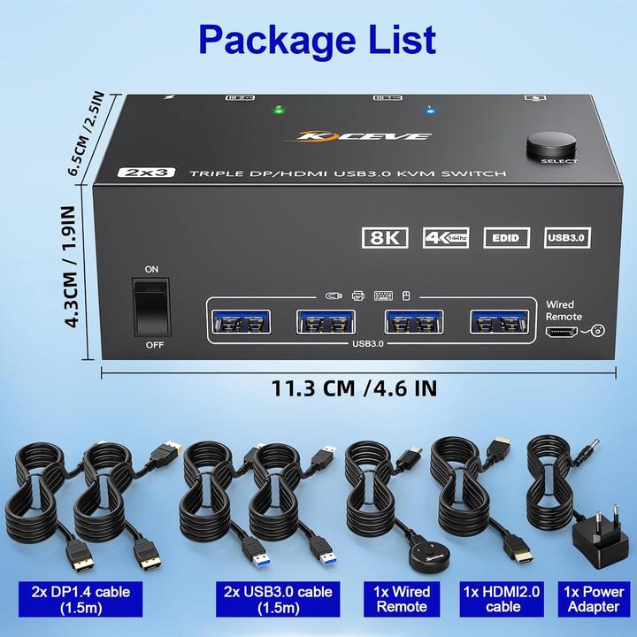 Image du produit Kceve KVM Switch für 2 Computer, 3 Monitore, USB 3.0