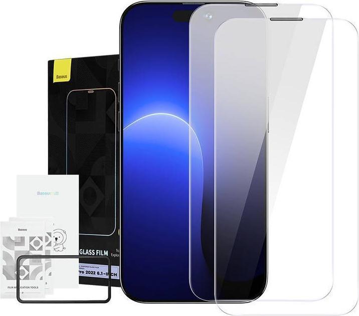 Baseus All-glass Crystal Tempered Glass EasyStick Film (Cellular Dust-proof) iP14 (Pack of 2) (2 pcs., Apple iPhone 13, Apple iPhone 13 Pro, Apple iPhone 14 Pro)
