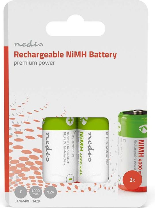 Produktbild Nedis Wiederaufladbarer NI-MH-Akku C 1.2 V DC 4000 mAh vorgeladen 2-Blister HR14 Grün/Red (2 Stk., C, 4000 mAh)