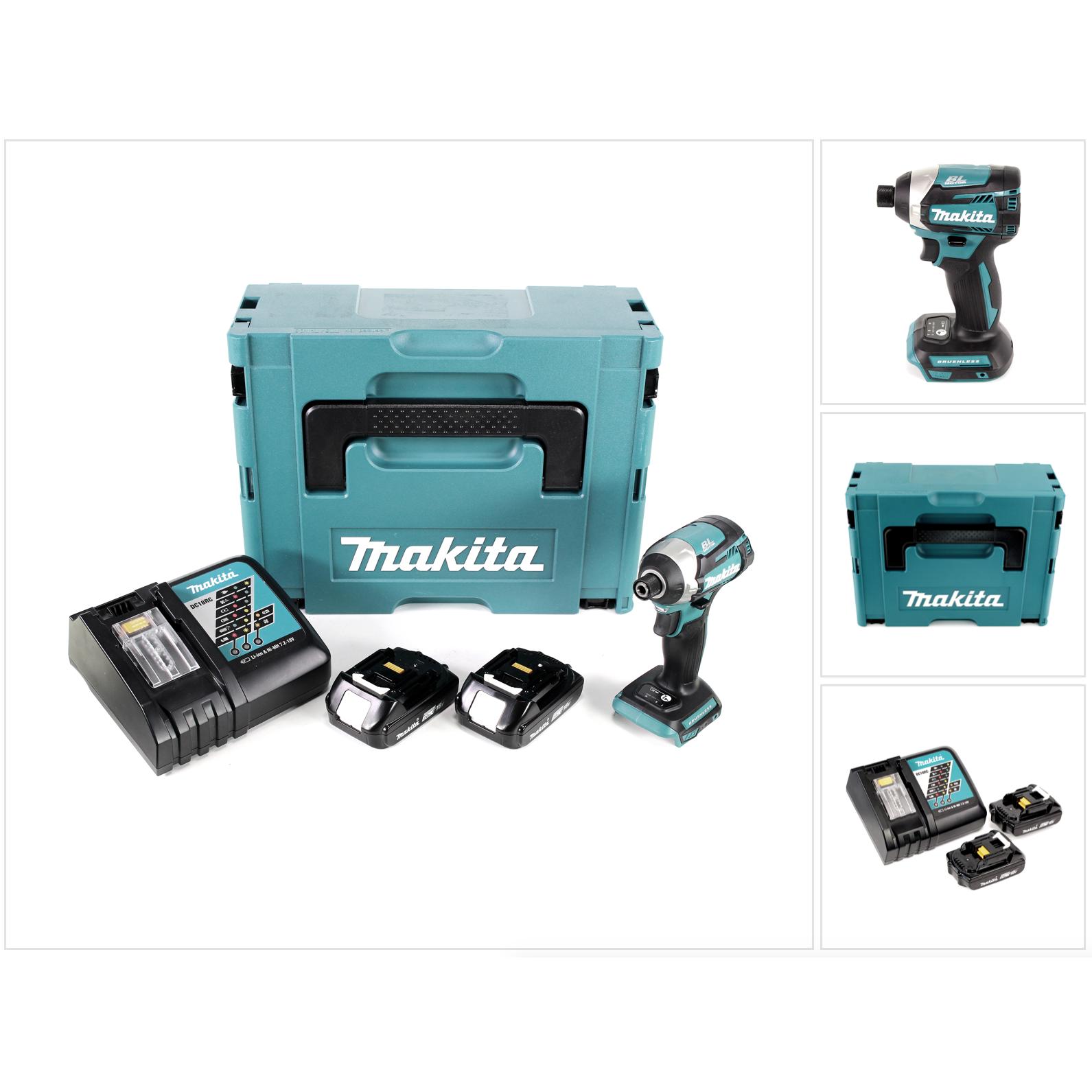 Makita, Bohrmaschine + Akkuschrauber, DTD 154 RAJ Akku Schlagschrauber 18 V 175 Nm 1/4" Brushless + 2x Akku 2,0 Ah + Lad...