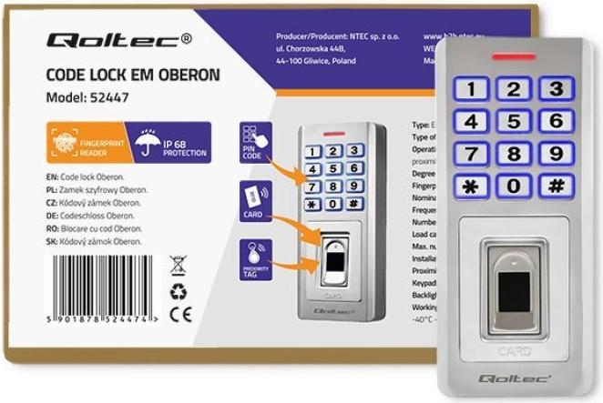 Actual product image Qoltec N--QOLTEC 52447 Code lock OBERON with (Bluetooth, Electronic numerical code, Fingerprint, Key card)
