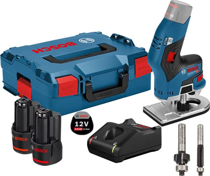 Produktbild Bosch Hausgeräte Akku-Kantenfräse GKF 12V-8 12 V / 2x 2,0 Ah Akku + Ladegerät inkl. 2x Fräser in L (Kantenfräse)