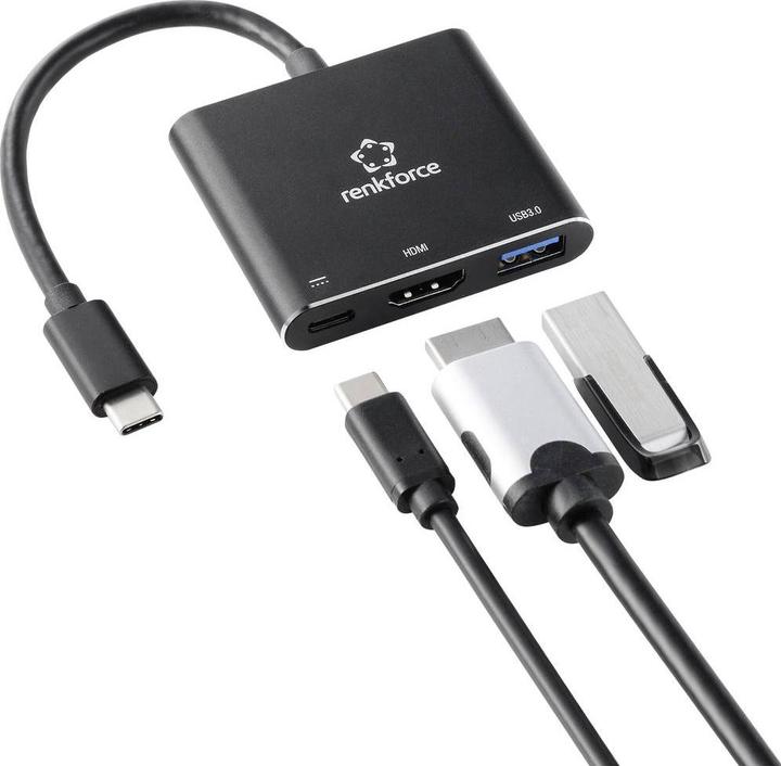 Produktbild Renkforce RF-5133676 USB-C® / HDMI Adapter (1x USB-C® Stecker - 1x HDMI-Buchse (USB Typ-C, HDMI, USB-A, 20 cm)