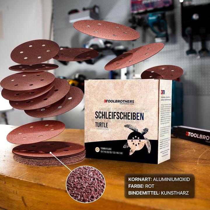 Actual product image Tool Brothers Toolbrothers TURTLE sanding set 150 mm Velcro 6 hole each 10x P40 / P60 / P80 / P120 / P180 / 240 (P120, P80, P40, P60, P240, P180)