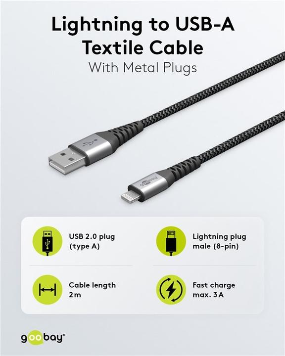 Image du produit Goobay Câble textile Lightning vers USB-A avec prises métalliques (gris espace/argent) 2 m, 2 m (2 m, USB 2.0)