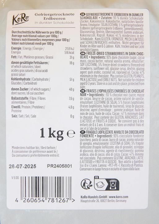 Nährwerte und Zutaten KoRo Gefriergetrocknete Erdbeeren in dunkler Schokolade (1000 g)