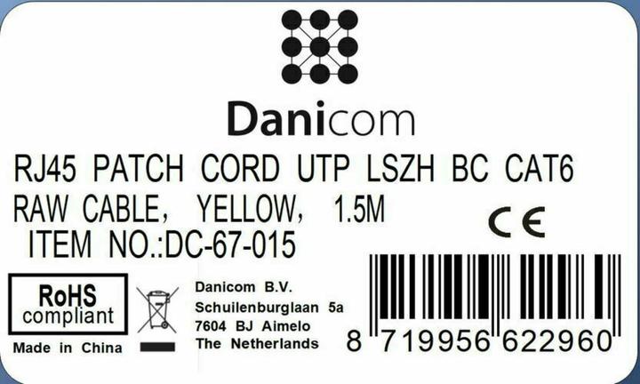 Produktbild Dsit CAT6 Netzwerkkabel, U/UTP, 1.50 meter, Gelb, 100% Kupfer (U/UTP, CAT6, 1.50 m)