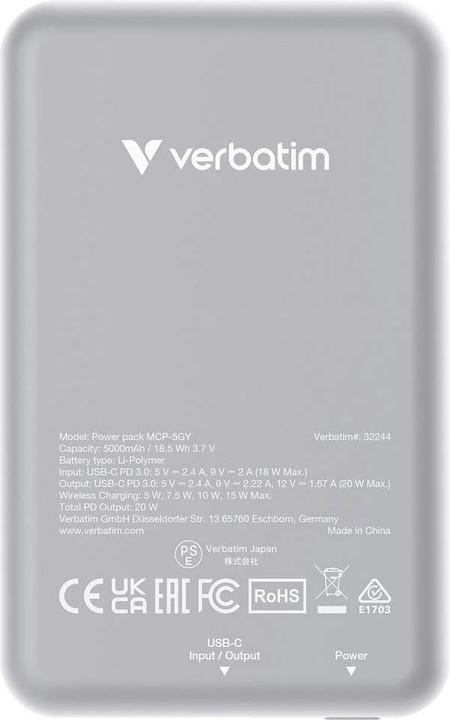 Image du produit Verbatim POWER BANK 5000 GRIS (5000 mAh, 20 W, 18.50 Wh)