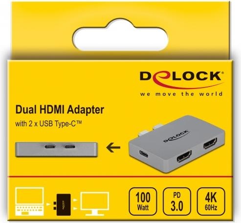 Image du produit Delock Adaptateur HDMI double avec 4K 60 Hz et PD 3.0 pour MacBook (USB-C, 2 Ports)