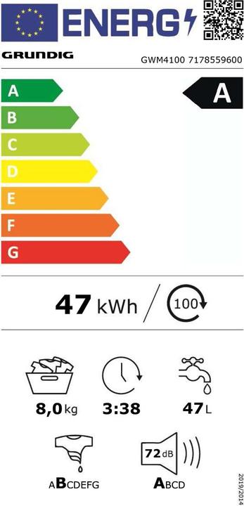 Energy Label Grundig Waschmaschine GWM4100, 8kg (8 kg)