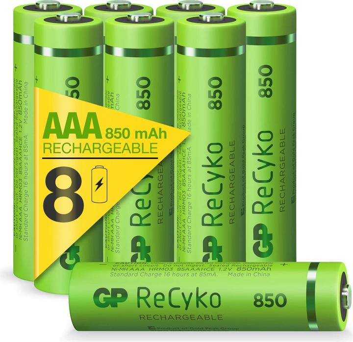 GP Batteries Micro (AAA) Akku ReCyko+ Akkus 850 mAh (8 Stk., HR03, 850 mAh)