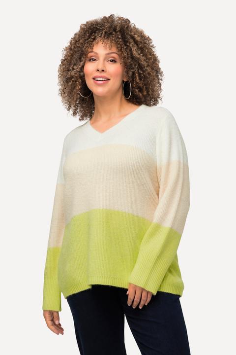 Actual product image Ulla Popken Block Stripe Long Sleeve V-Neck Sweater (56)