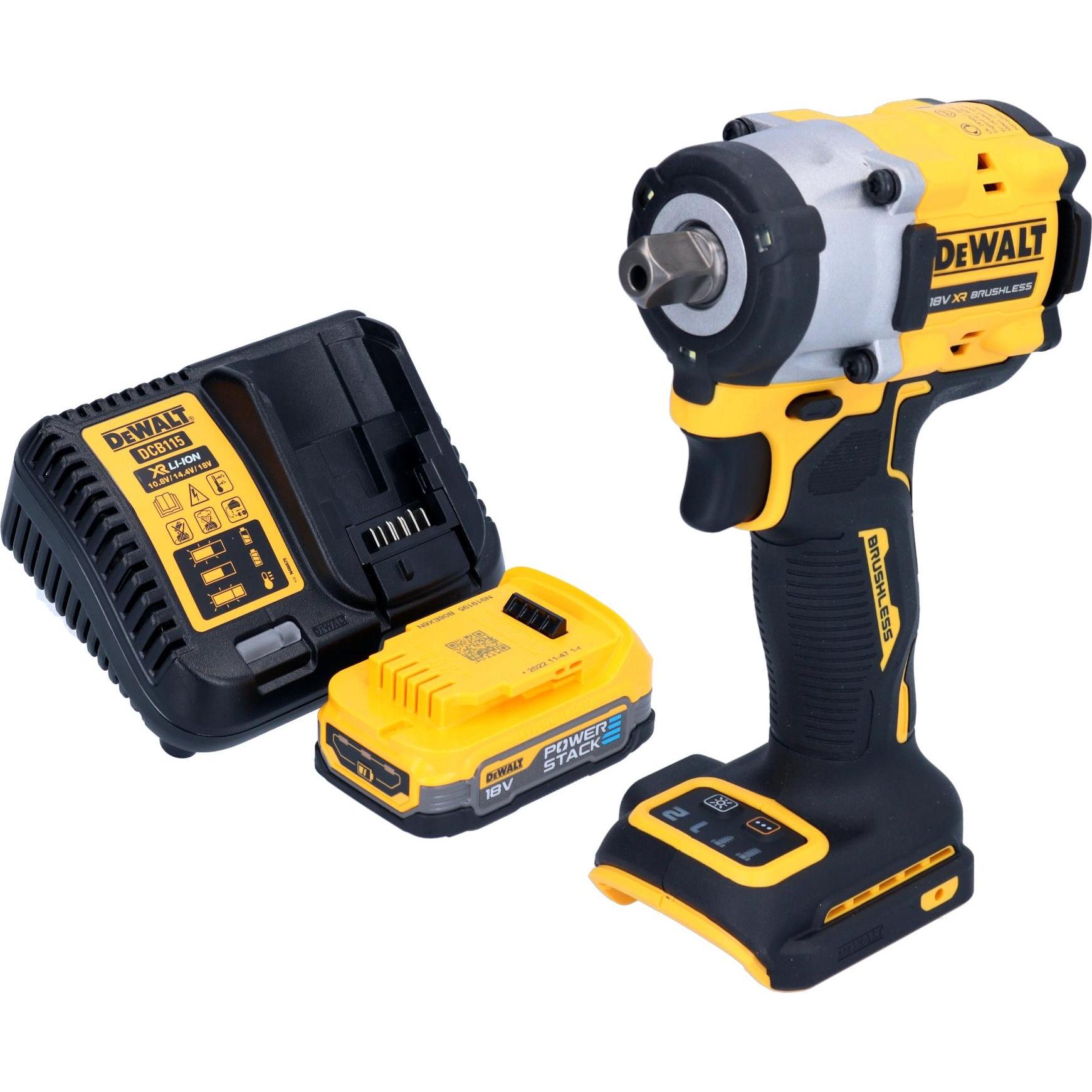 DeWalt, Bohrmaschine + Akkuschrauber, DCF 922 E1 Akku Schlagschrauber 18 V 406 Nm 1/2" Brushless + 1x Powerstack Akku 1,...