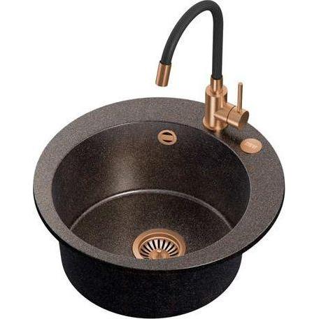 Steiner, Waschbecken, ART JAMES 210 (Ø51x20) Steingran Art Copper Black Pearl with Hand Siphon, Maggie PVD Copper Tap an...