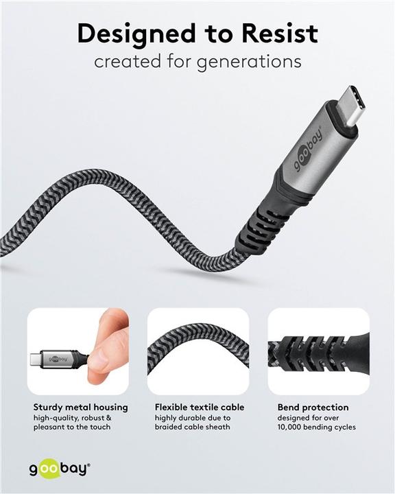 Produktbild Goobay USB-C Cable with Textile Sheath, USB4, 240 W, 40 Gbit/s, Power Delivery, 1 m, Black, Grey (1 m, USB 4.0, 240 W)