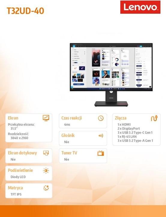 Produktbild Lenovo ThinkVision T32UD-40 (3840 x 2160 Pixel, 31.50")