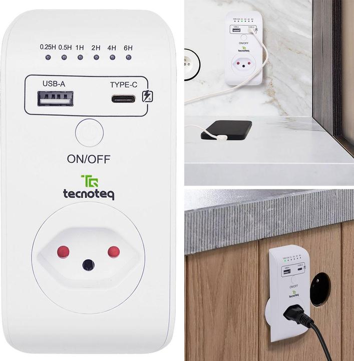 Produktbild Tecnoteq Steckdose mit 2x USB-Ladeport, 3.1 A, Timer, Überspannungsschutz, Swiss-Edition, 2er-Set